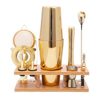 不銹鋼11件套金色酒具套裝波士頓搖酒壺調酒師工具酒吧調酒套裝