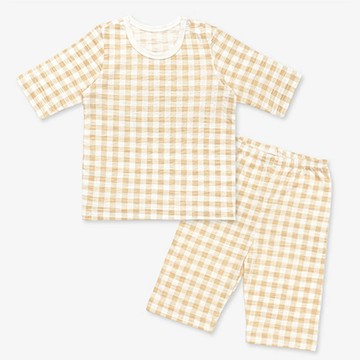 韓國 Mellisse - 韓製莫代爾透氣7分袖家居服-經典格子-卡其