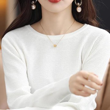 春秋針織打底衫女毛衣新款全純棉線長袖圓領套頭寬松鏤空韓版薄款