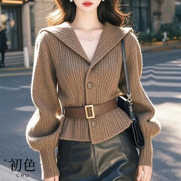 初色 大翻領長袖短款單排扣純色毛衣開衫外套女外套-卡其色-39213(F可選)