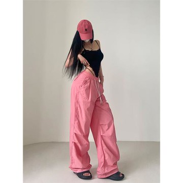 YoungGirlDay美式辣妹高腰抽繩束腳薄款防曬速干工裝闊腿休閑長褲