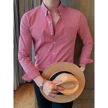 小清新碎格襯衫男長袖韓版修身春夏時尚紅色千鳥格子薄款免燙襯衣