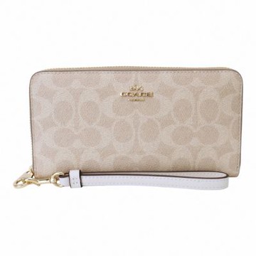 COACH 金馬車防刮LOGO皮革掛帶長夾(淺卡其x米帶)