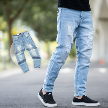 【NB1908J】淺藍刷白抓破抽鬚小直筒牛仔褲長褲(UC2153)