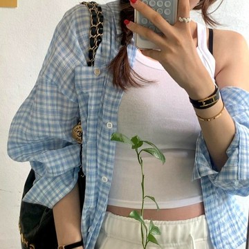 ˏˋ 𝐻𝑒𝑦 𝑆𝑝𝑟𝑖𝑛𝑔 - ̗̀ 🌷⛅️ ̖́‎韓國 夏日慵懶休閒度假寬鬆百搭長袖小格子襯衫上衣