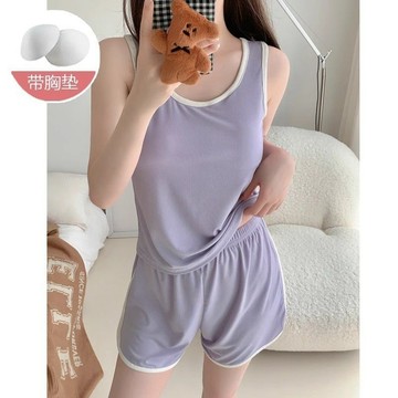 【台灣出貨】 胸墊睡衣女 睡衣套裝 女生睡衣純色簡約睡衣女夏季新款帶胸墊一體無袖背心家居服套裝可外穿