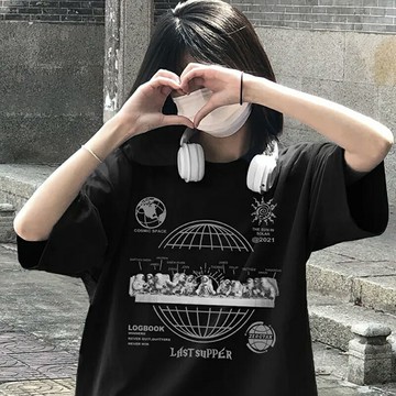 美式復古高街純棉正肩t恤女夏季oversize短袖ins潮牌半袖寬松上衣