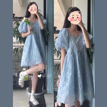 奶藍法式方領提花泡泡袖連衣裙女2021夏季新款公主蓬蓬裙甜美短裙