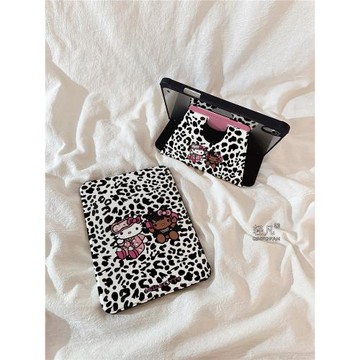 卡通滿屏豹紋KT貓適用蘋果iPadPro保護殼360旋轉支架iPadAir6帶筆槽11英寸10.2新款可愛ipad2024平板套10.9寸