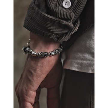 S925銀手鏈男純銀霸氣雙龍頭嘻哈個性男士粗款潮人做舊復古中國風