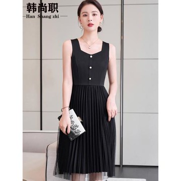 黑色吊帶背心連衣裙女中長款氣質收腰顯瘦長裙網紗雪紡拼接打底裙