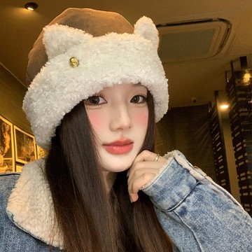 特價💡可愛貓耳朵羊羔絨雷鋒帽子 女秋冬季騎車保暖顯臉小防寒護耳套頭帽 冬帽 冬天帽子 毛帽女 帽子女 保暖帽 K4DT