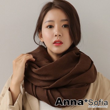 AnnaSofia 純色棉麻 超大寬版披肩圍巾(咖啡)