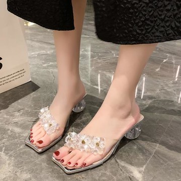 港風2023新款高級性感水晶涼拖鞋女夏露趾粗跟一字拖高跟鞋子百搭