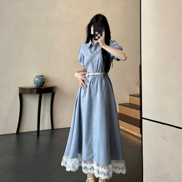洋裝日韓係大碼女裝蕾絲溫柔風法式Polo領連衣裙夏季清新氣質減齡顯瘦中長裙
