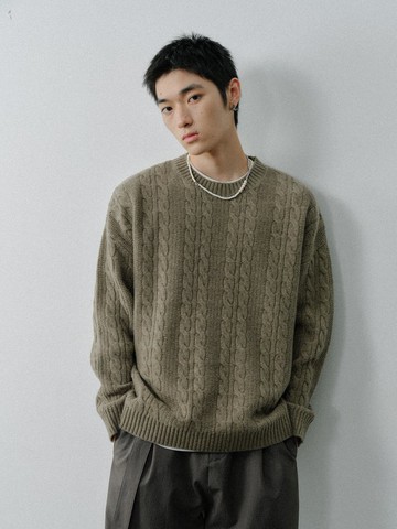 日系復古 羊毛套頭針織衫 寬鬆毛衣 白/灰綠