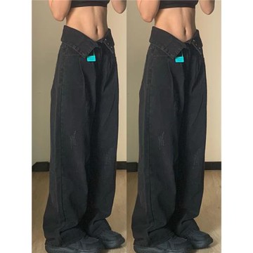 黑色高腰闊腿牛仔褲女夏季大碼胖mm寬松顯瘦梨形身材褲子高街ins