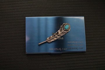 復古藍色羽毛名片夾金屬名片盒免費刻字