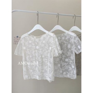 韓系圓領短袖蕾絲打底衫T恤女夏季紗衣吊帶裙疊穿內搭網紗上衣