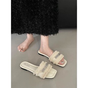 拖鞋女夏外穿2025新款網紅時尚水鉆平底一字拖休閑懶人沙灘涼拖鞋