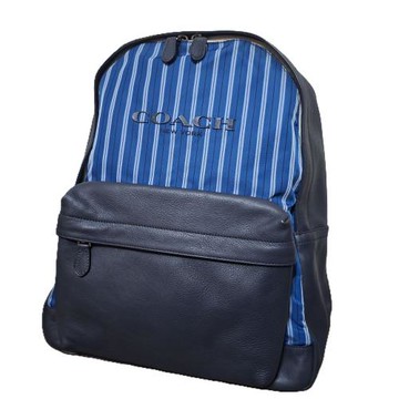 COACH深藍皮拼接藍條紋帆布男用後背包-現貨+預購