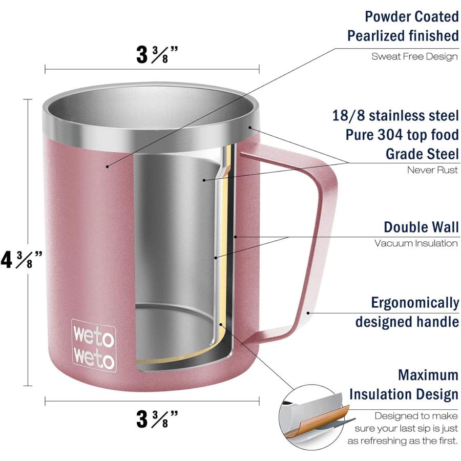 WETOWETO Coffee Mug with Handle  14oz Insulated Stainless Steel Coffee Travel Mug  Double Wall Vacuum Reusable Coffee Cup with Lid  Powder Coated R