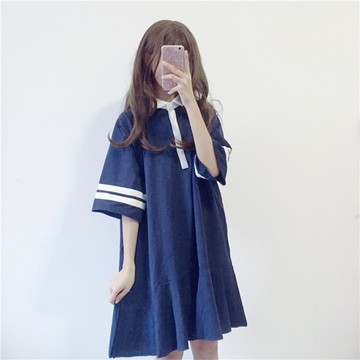 春夏全棉甜美可愛學院風海軍翻領短袖長版上衣短洋裝 ( 藍  白  紅 )三色售 11950084
