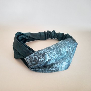 交叉款髮帶 典雅藍色植物圖騰 × 深綠 21