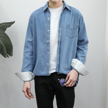FINDSENSE 時尚潮流 男 日系 休閒 寬鬆 自然色系 水洗 長袖襯衫 牛仔襯衫