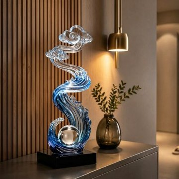 擺飾 水晶球祥雲擺件 玄關擺件 輕奢高檔裝飾品 落地藝術品 豎型雲浪雕塑 藝術飾品（高38cm）