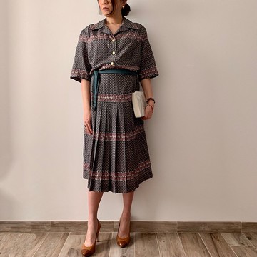 義大利製 歐洲古著 優雅墨綠色幾何圖形長洋裝