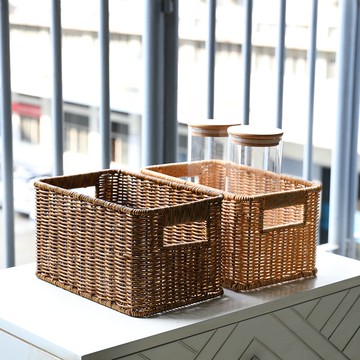 塑料藤編織零食筐桌面 客廳遙控器雜物籃化妝品收納盒 浴室收納籃