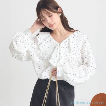 〚earth music〛點點/素面立體荷葉摺邊V領襯衫