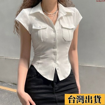 ⚡免運🌸時尚女裝⚡女款襯衫 休閒氣質襯衫 純欲風翻領短袖t恤女夏新款修身顯瘦設計感露臍辣妹襯