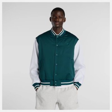 NEW BALANCE NB 外套 男 運動立領外套 棒球外套 緞面 美規 白綠 MJ6102R7AAV