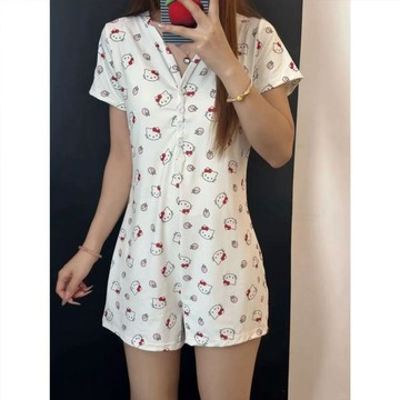 ✨臺灣出貨✨大碼睡衣HelloKitty印花睡衣V領夏季可愛新款一體家居服連體短褲