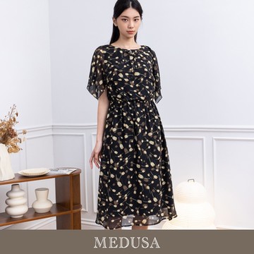 現貨【MEDUSA 曼度莎】鬱金香黑色蓋肩雪紡洋裝（M-XL）｜連身裙 雪紡洋裝 無袖洋裝