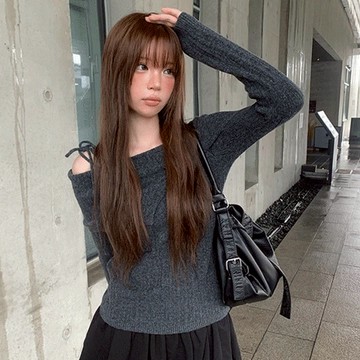 Codibook｜韓國 anyonemore 蝴蝶結綁帶露肩針織衫［現貨 - 卡其色］針織衫 T恤 女裝