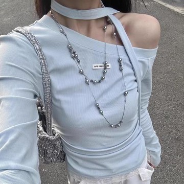 高級感多層灰色珍珠項鏈女長款多戴法毛衣鏈輕奢小眾鎖骨頸鏈配飾