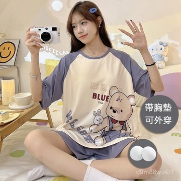 台灣出貨 帶胸墊睡衣 卡通睡衣 睡衣套裝 胸墊睡衣 居家服 睡衣女 夏天睡衣 短袖睡衣 女生睡衣 韓版睡衣 可愛睡衣