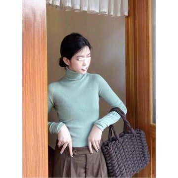 法式內搭薄荷綠堆堆領高領針織衫女秋冬季氣質毛衣打底衫修身上衣