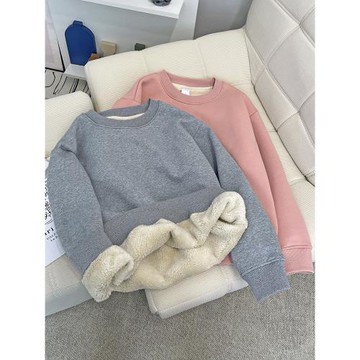 仿羊羔絨衛衣女秋冬裝新款韓版寬松加絨加厚圓領套頭保暖長袖上衣