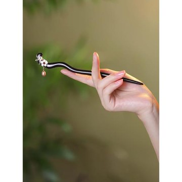 鳳凰涅磐珍珠發簪女黑檀木古風木簪新中式步搖簪子七夕送女友禮物