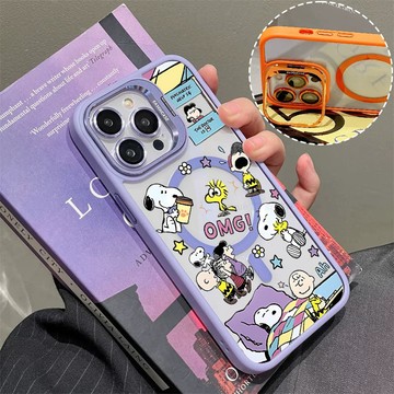 史努比狗狗 磁吸手機殼 金屬鏡頭支架 保護殼 適用於iPhone 17 16 15 14 13 12 11 Max防摔殼