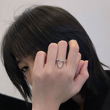 免運🔮鎖鏈十字架開口戒指 原創設計戒指日韓女純手工指環食戒戒指 口戒指 情人節 生日禮物 女生戒指 對戒 尾戒 個性