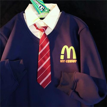 Daiwing 冬日專輯 美式假兩件卡通情侶學院長袖拼接領帶襯衫衛衣