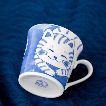 日本進口釉下彩青花陶瓷馬克杯 日式和風杯子可愛貓咪水杯 咖啡杯