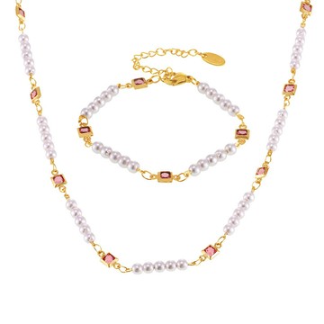 宏雲Hongyun- Xyx-時尚輕奢鑲方塊鋯石仿珍珠項鍊ins個性鎖骨鏈手鍊首飾套裝