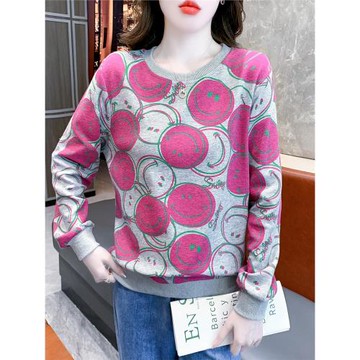 大碼女裝時尚笑臉印花圓領衛衣女設計感長袖打底衫慵懶風寬松上衣