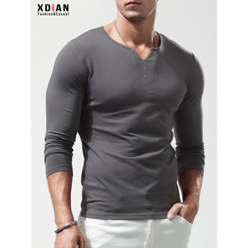 V領打底衫男長袖t恤純棉純色修身彈力緊身修身春秋季內搭上衣秋衣
